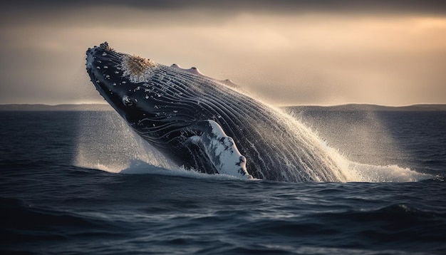 AI が生成した青い海に飛び散る雄大なザトウクジラ
