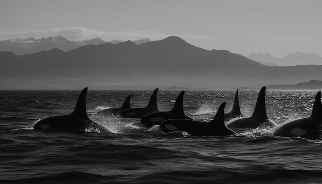 Majestic humpback whale family swims in dusk generated by AI