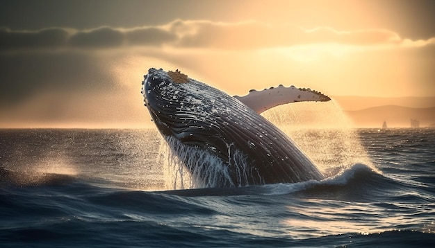 A majestic humpback whale splashing in the tranquil blue waters generated by AI