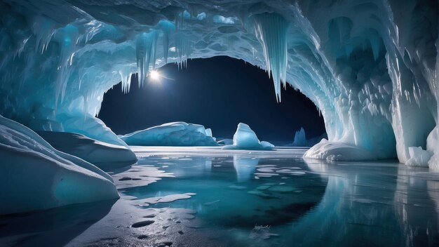 Foto maestosa grotta di ghiaccio nel paese delle meraviglie congelate