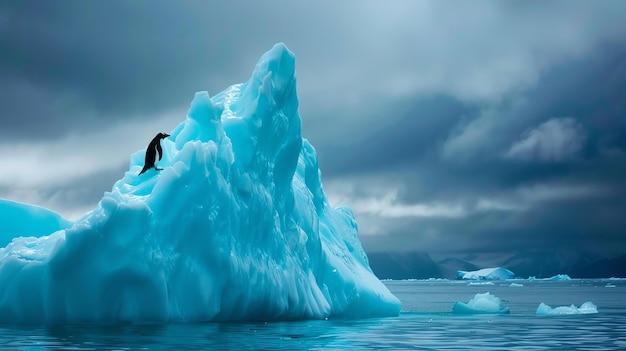 Photo majestic iceberg floating in the ocean with a penguin standing on top of it with a stormy sky in the background