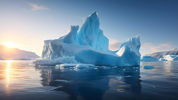 A Majestic Iceberg Surrounded by Ice Floes and a Glacier in the Background