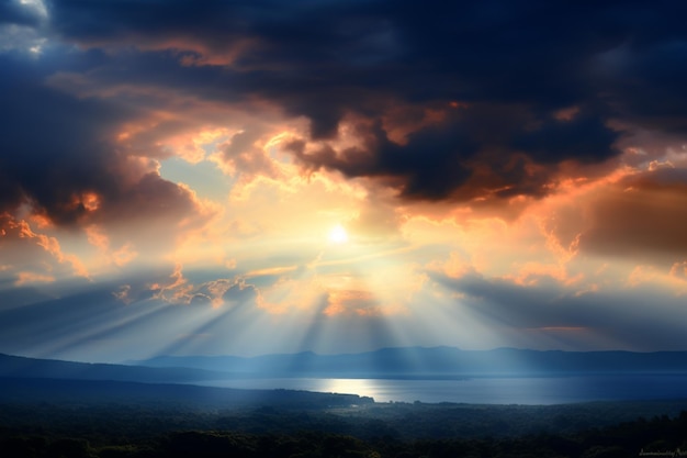 Foto illuminazione maestosa la luce del sole trae le nuvole creando uno spettacolo di montagna