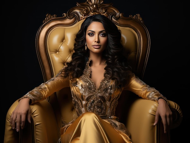 Photo majestic indian queen emanating regal allure from a plush armchair her captivating demeanor and sm