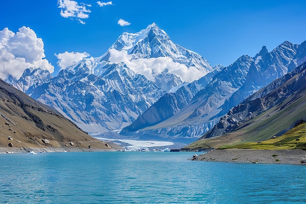 写真 壮大なインダス川とパキスタンの雪に覆われた山頂