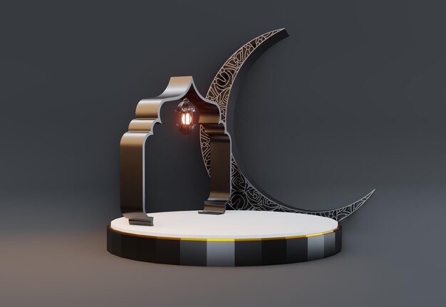 Photo majestic islamic symbols podium with crescent moon and islamic graphics charming and elegant black