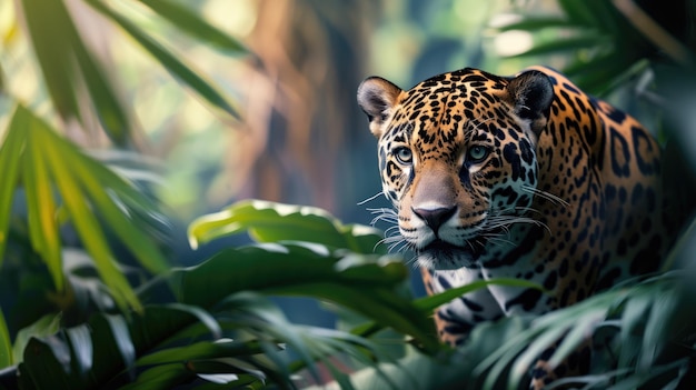 A majestic jaguar camouflaged in the lush jungle gazing intently