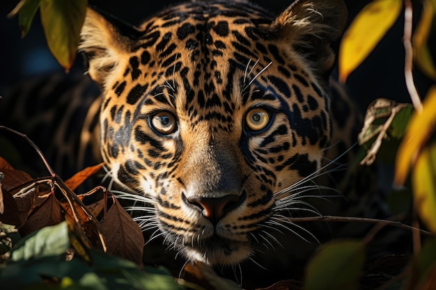 Majestic jaguar emerges in the lush jungle generative IA