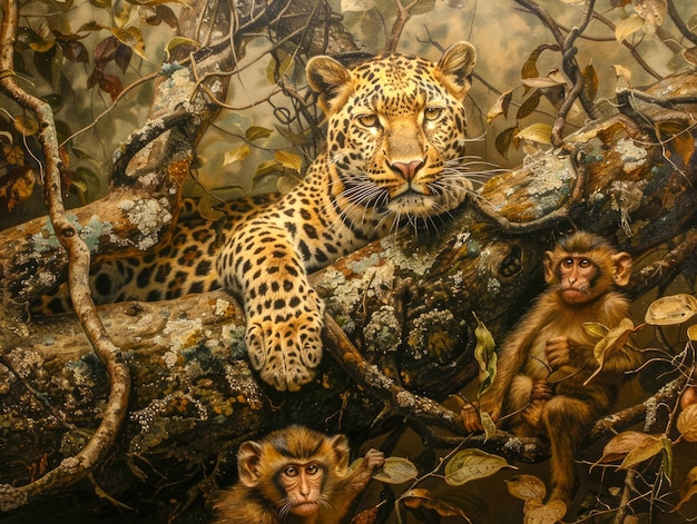 Величественный ягуар, сидящий на ветке дерева в пышных джунглях, с любопытными обезьянами, наблюдающими