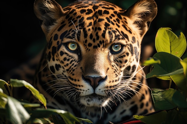 Majestic jaguar rests on the lush jungle generative IA