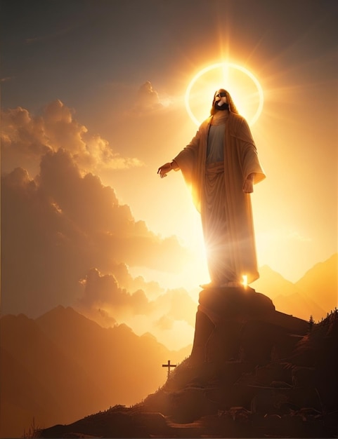 A majestic Jesus Christ standing atop a hill illuminated by a brilliant golden light