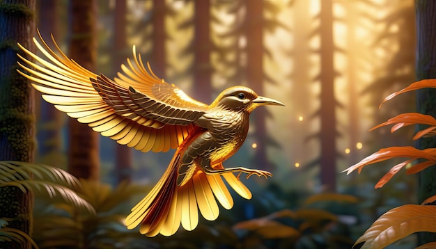 Photo a majestic journey through the enchanted forest a cinematic 8k rendering of a golden bird
