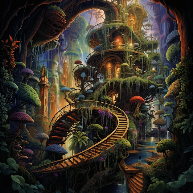 Majestic Jungle Emerging from Intricately Detailed Spiral Staircase