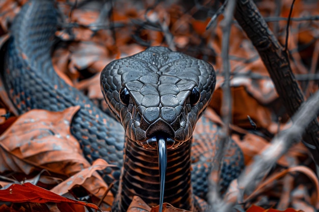 Photo majestic king cobra poised in striking position amongst autumn leaves in forest setting