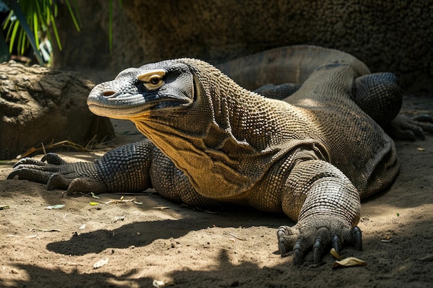 Foto un maestoso drago di komodo che si crogiola alla calda luce del sole