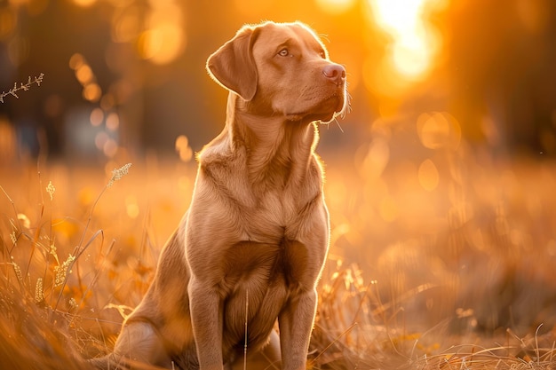 Majestic Labrador Retriever hond die rustig zit in het gouden zonsondergangslicht op het platteland