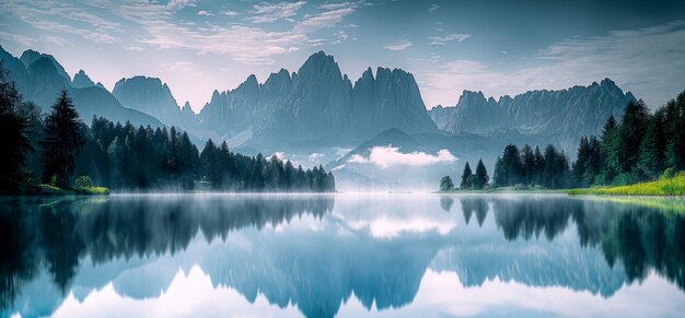 Majestic Lake Surrounded by Verdant Trees and Mountains