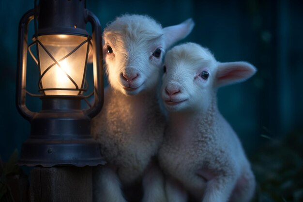 Photo majestic lamb and its twin by a radiant blue lantern