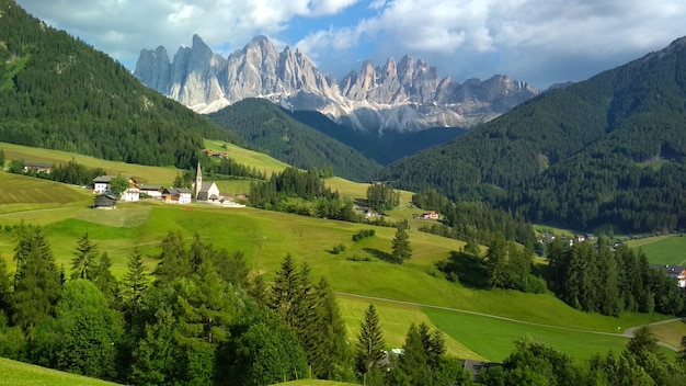 Majestic landscape of Antorno lake with famous Dolomites mountain peak of Tre Cime di Lavaredo