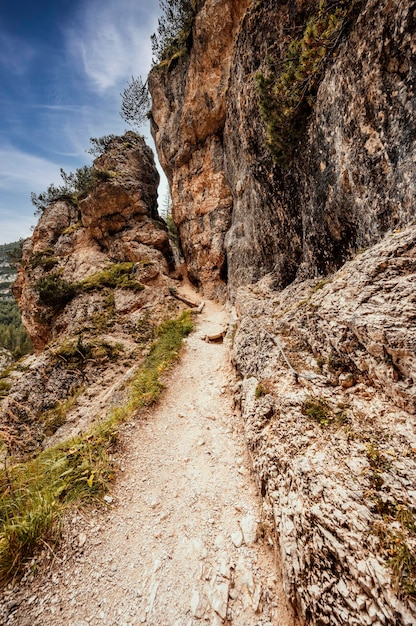 Majestic landscape of Dolomites fanes valley Wonderful hiking nature scenery in dolomite italy near Cortina d'Ampezzo The Fanes waterfalls Cascate di Fanes Dolomites Italy Via Ferrata Lucio Dalaiti