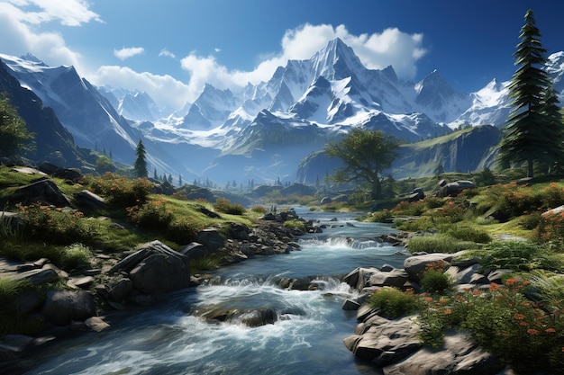 majestic landscape featuring a breathtaking mountain range with a cascading waterfall and vibrant flora