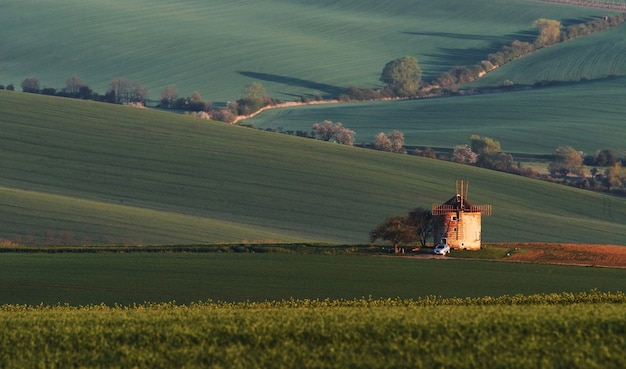 Majestic landscape of field in the evening. Windmill in the center of meadow.