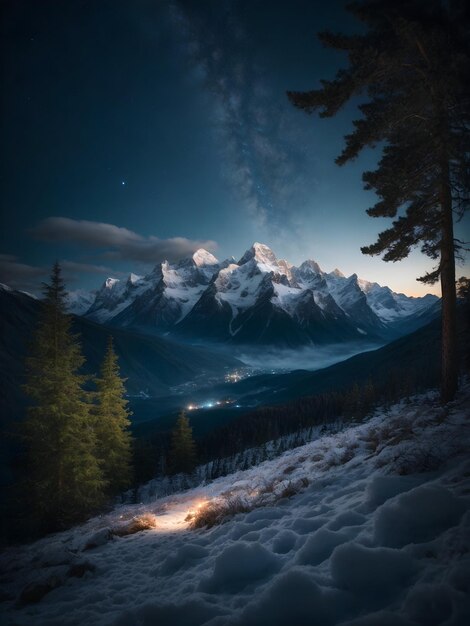 満天の星空と雪を頂いた山々と緑豊かな木々が照らす雄大な風景