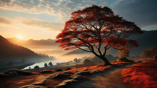 Majestic landscape with autumn trees in misty forest