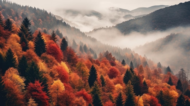 Majestic landscape with autumn trees in misty forest