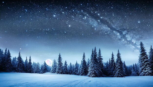 Majestic landscape with forest at winter night time with stars in the sky scenery background