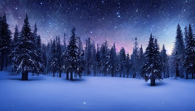 Photo majestic landscape with forest at winter night time with stars in the sky scenery background