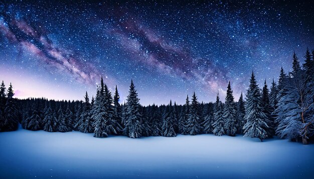 Photo majestic landscape with forest at winter night time with stars in the sky scenery background