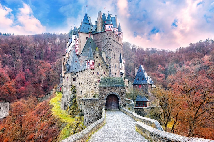 Photo majestic landscapes with castles and waterfalls fantasy scenery
