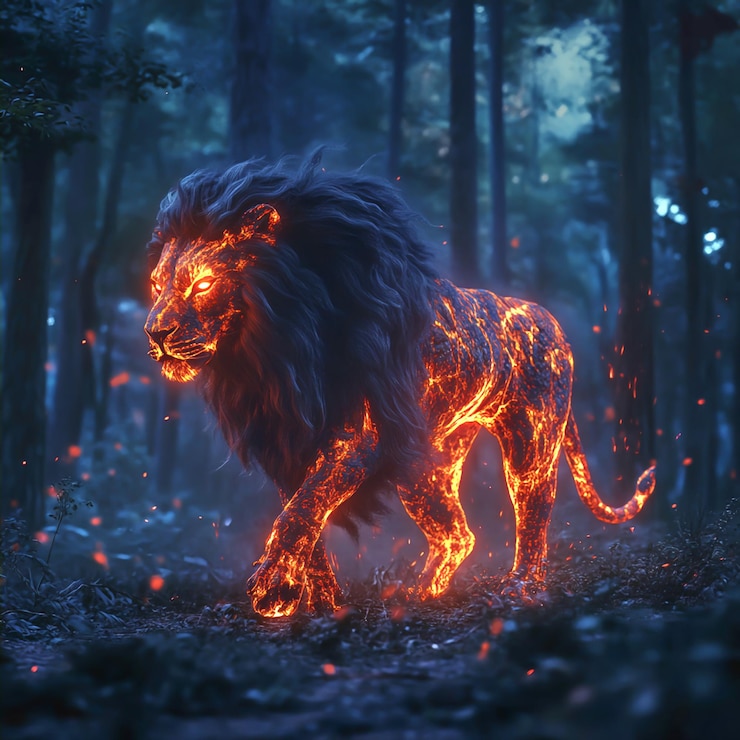 Photo majestic lava lion in a glowing forest of fiery embers