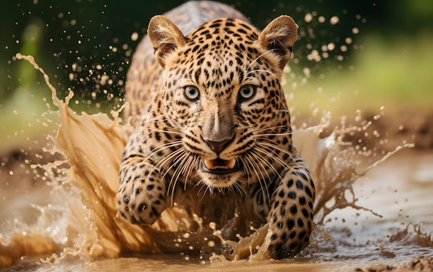 Фото Величественный леопард бежит к брызгам камеры