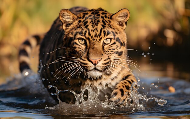Величественный леопард бежит к брызгам камеры