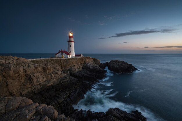 Majestic lighthouse beacon shining at dusk