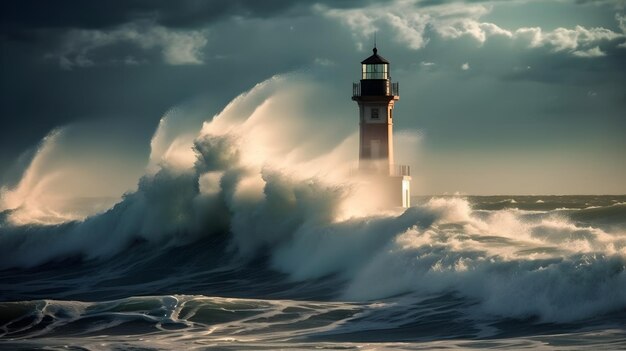 Foto maestoso faro in piedi contro la furia delle onde dell'oceano al tramonto