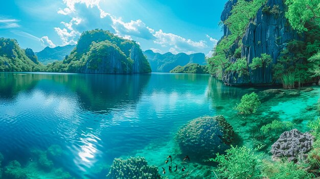 Foto maestose scogliere calcaree sopra il lago pristine una vista panoramica mozzafiato della calcarea