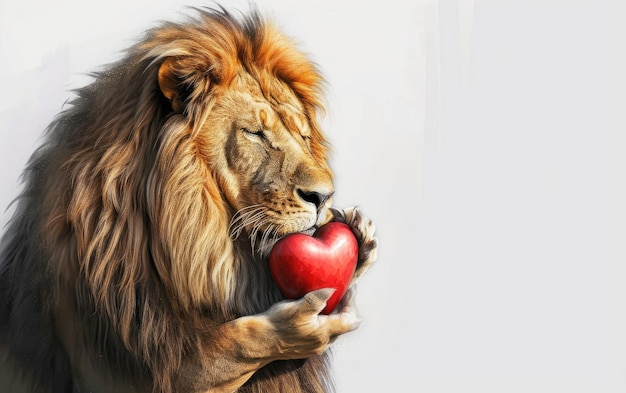 Величественный лев, сжимающий нежное сердце, изолированный на прозрачном фоне