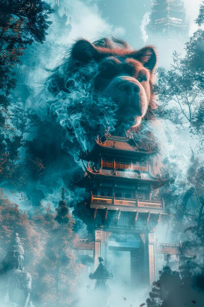 Foto maestoso leone composto da antica pagoda e foresta nebbiosa opere d'arte surreali per la creatività