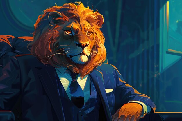 A majestic lion dons a sharp suit as it sits comfortably