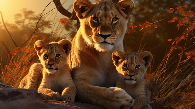 Величественная семья львов отдыхает и наслаждается золотой африканской саванной при потрясающем закате.