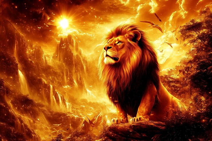 황금 해가 지는 빛에서 언덕에 있는 웅장한 사자 (Majestic Lion on Hill in Golden Sunset Glow by generative ai)