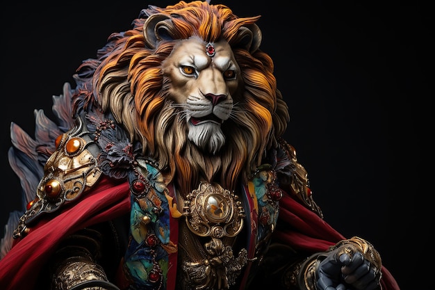 The majestic lion is adorned in the garb of a classic war emperor