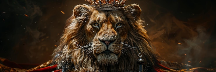 Photo majestic lion king with crown in dramatic lighting