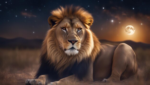 月明かりに照らされた空の下で雄大なライオン
