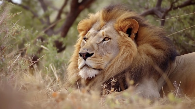 Majestic lion rests in Africa wilderness area background