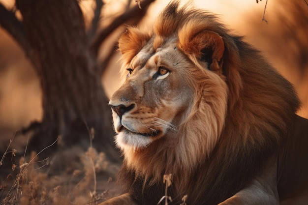 Majestic lion rests on the savannah at sunset generative IA