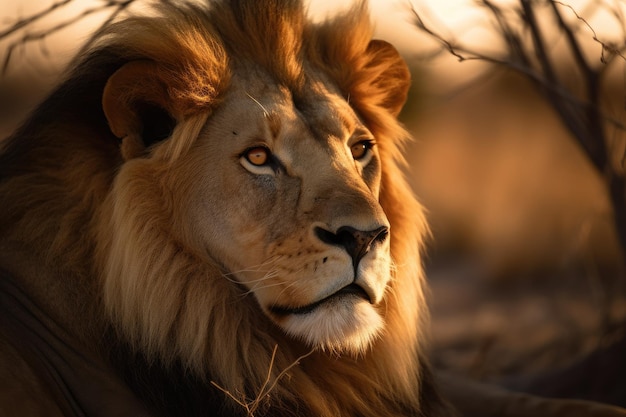 Majestic lion rests on the savannah at sunset generative IA